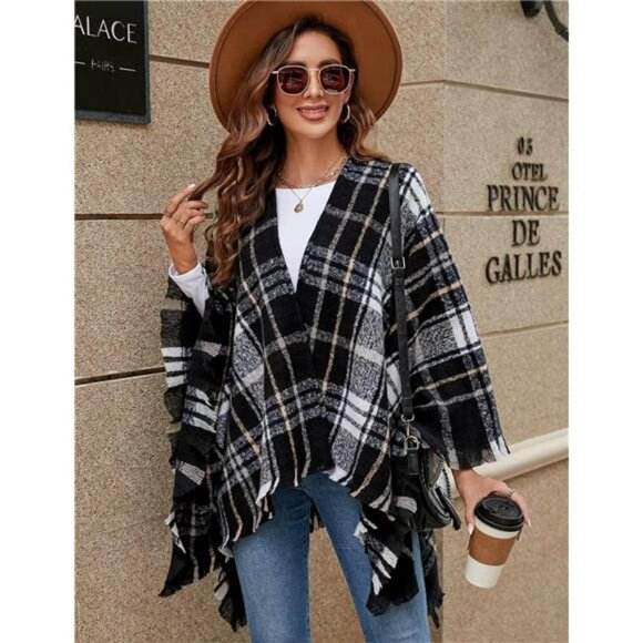 Women Boho Buffalo Plaid Poncho Pashmina Shawl Wrap Cape Sweater Knitting - Picture 3 of 6
